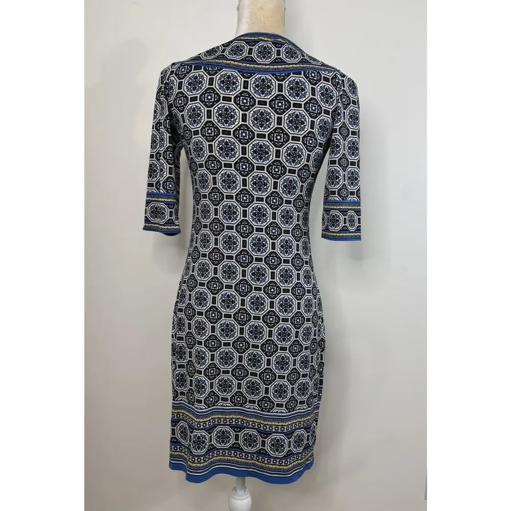 NWT Max Studio Geometric Print Boat Neck Sheath Dress Size S Blue Multi